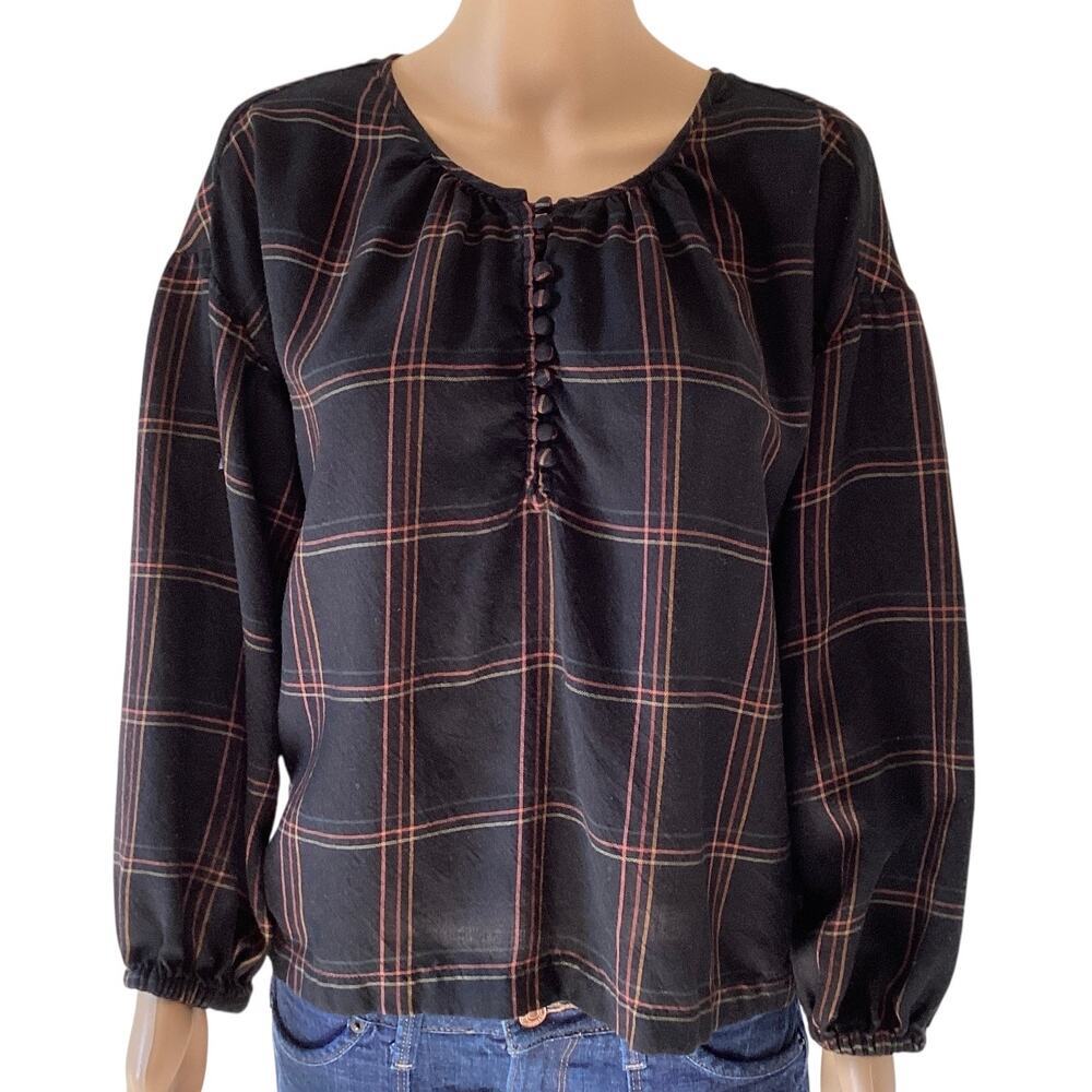Madewell Shirred Peasant Top Windowpane sz M